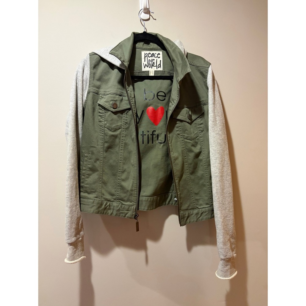 PLW XS Gray Hoodie Olive Green Denim Zip Mixed Jacket Mixed Moto Grunge Festival